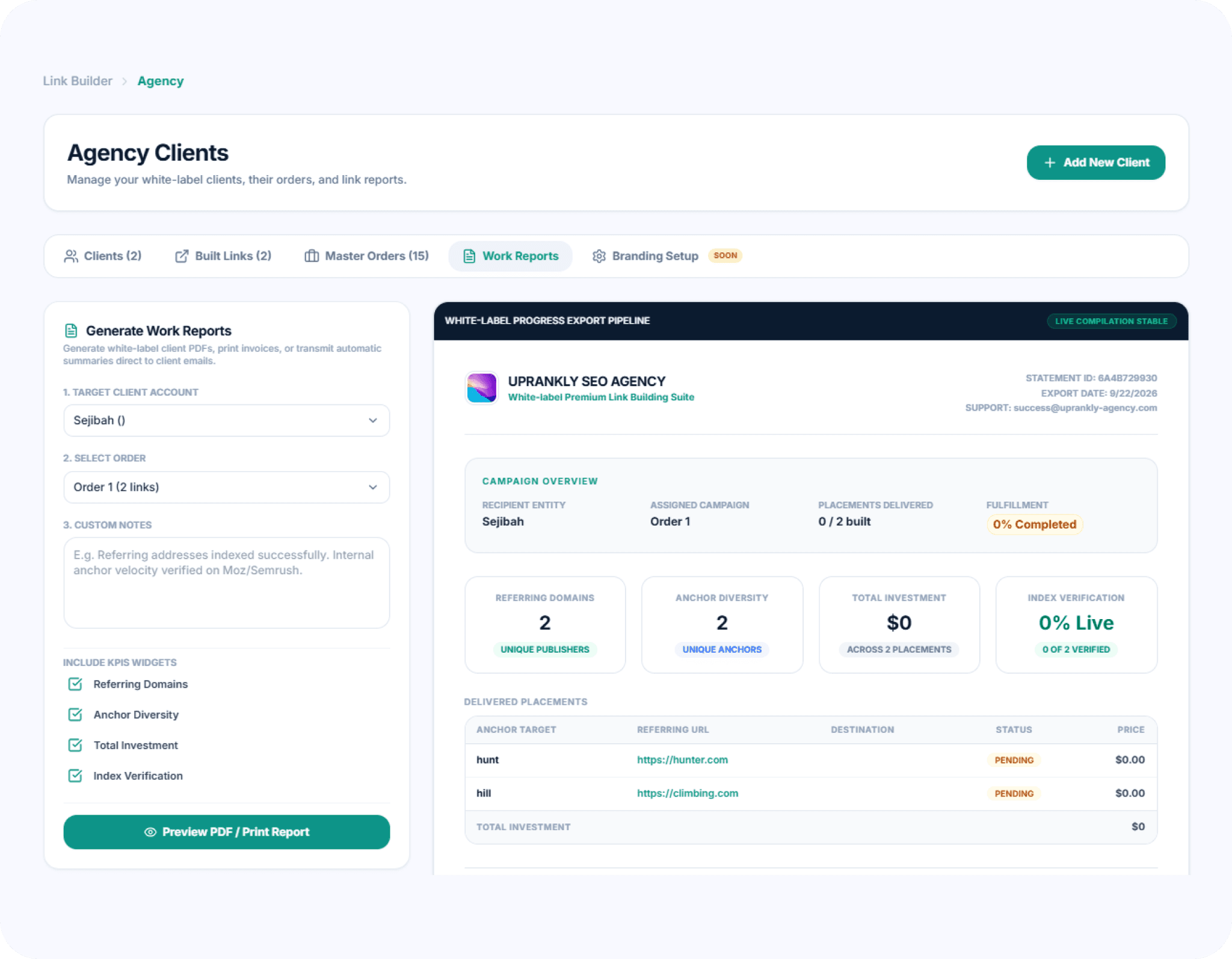 Uprankly Link Builder branded report with logo and link data