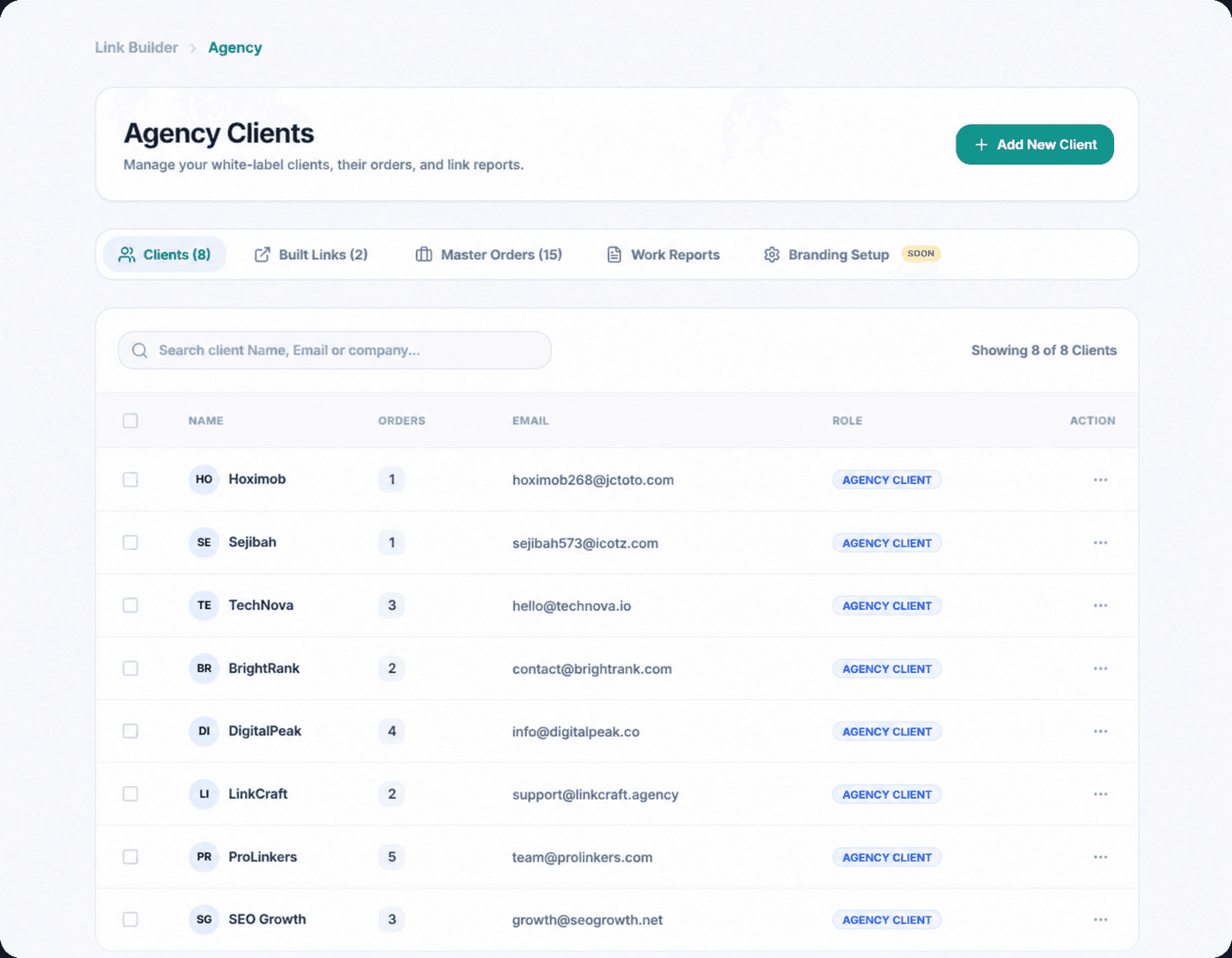 Uprankly multi-client link building dashboard for SEO agencies