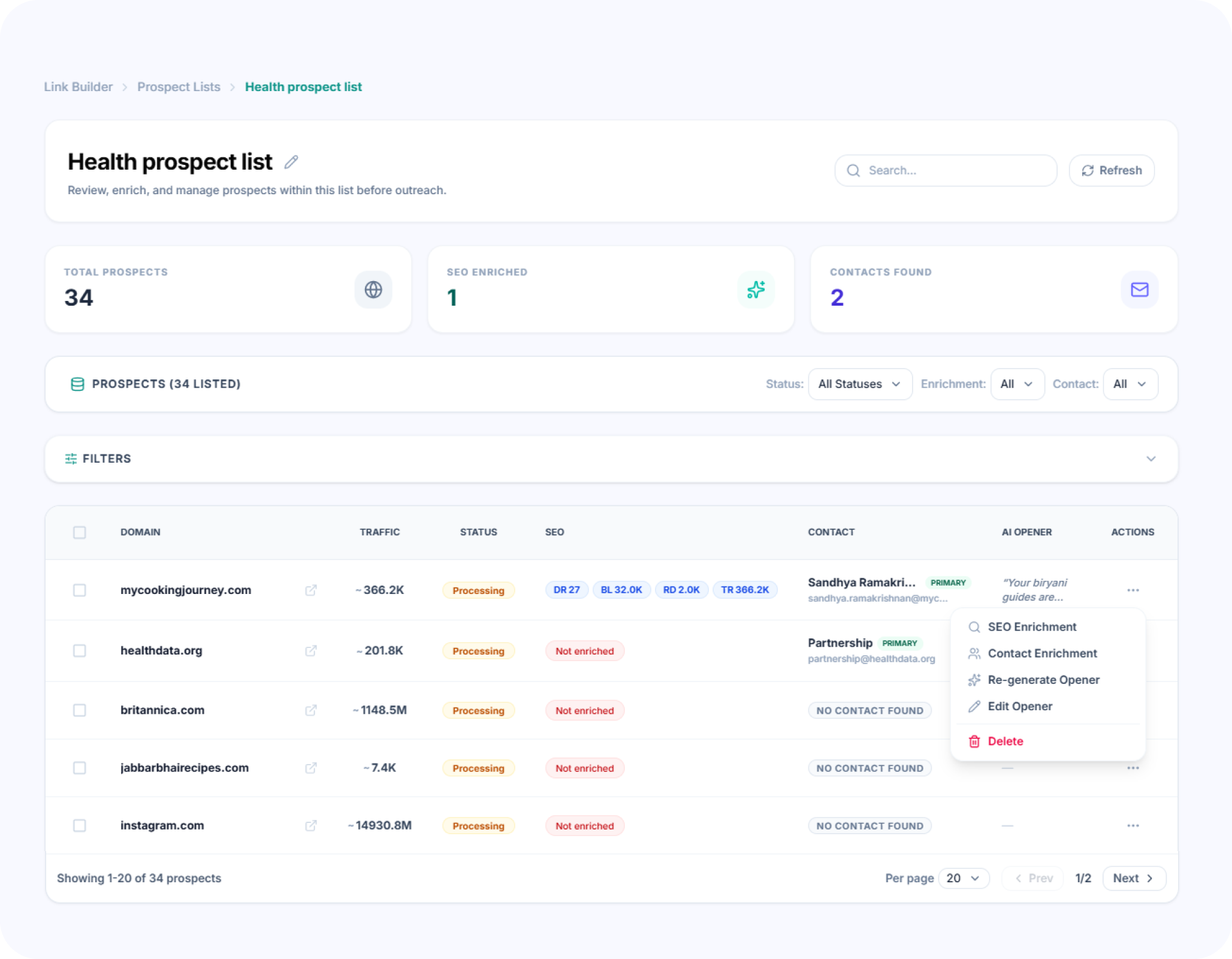 Prospect pipeline with filters and AI scoring